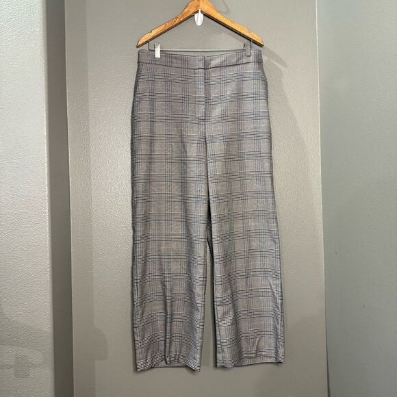 Halogen Plaid Wide Leg Work Pants Elastic Waist Black Grey Blue - Picture 2 of 10